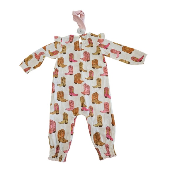Mud Pie Cowboy Boot Romper Kids 12-18M Pink Cream NEW Muslin One-Piece Headband - Picture 3 of 6